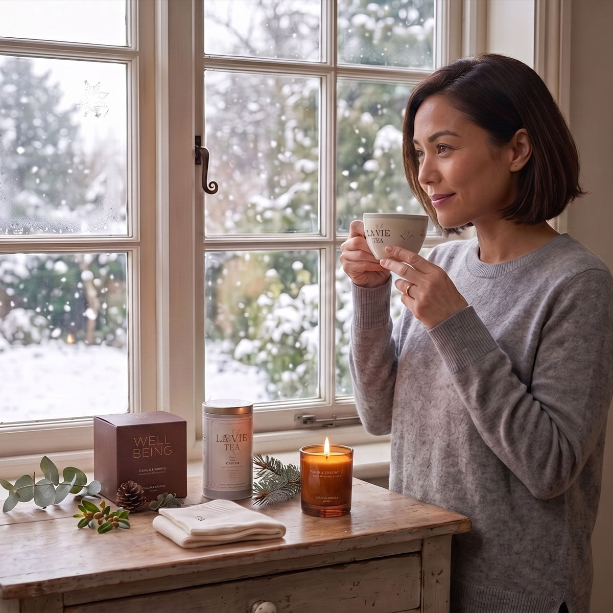 A woman in a gray sweater stands by a snowy window holding a cup,  She is next to a wooden table with a lit candle and a tin of tea.