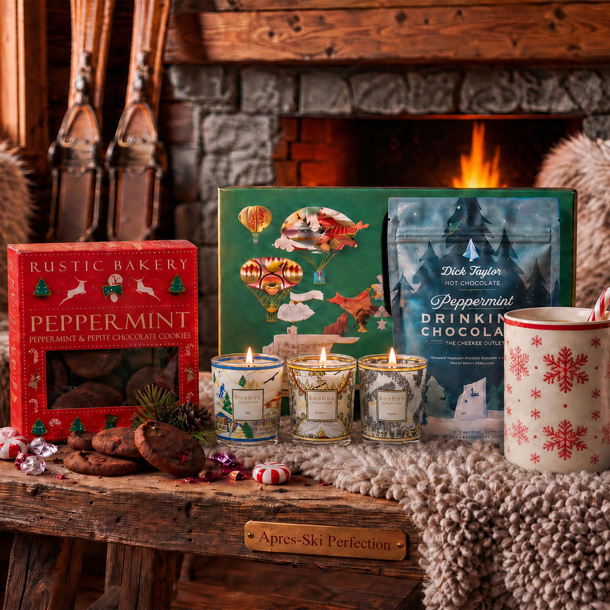baobab après trio candles, pepperment drinking chocolate by dick taylor, rustick bakery peppermint chocolate cookies, in a fireside setting