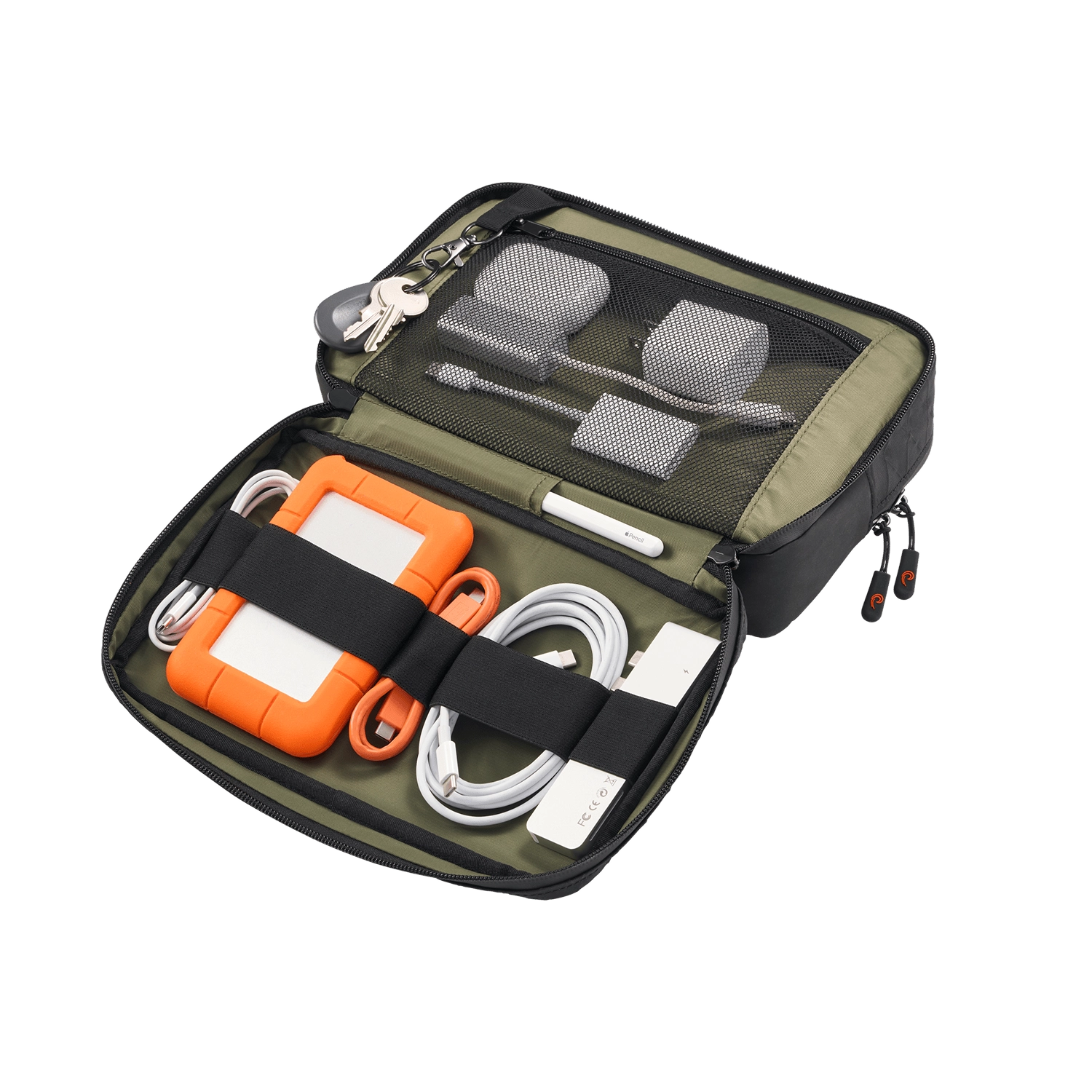 Open travel organizer with electronic devices and tools showing how items fit into the case.