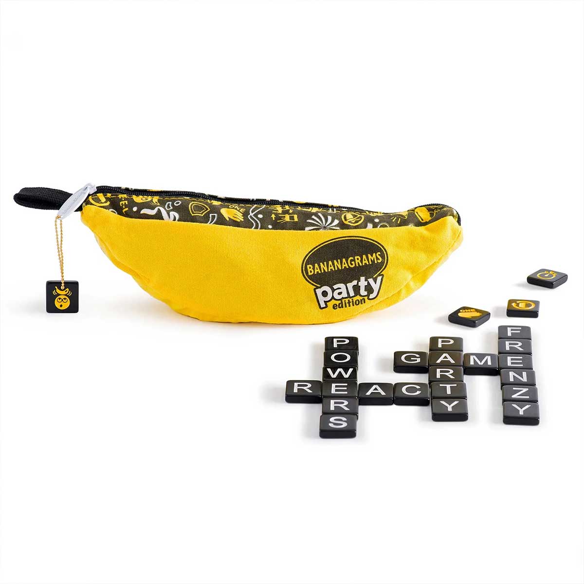 Banana-shaped bag with 'Bananagrams' game. Showing scattered tiles on a white background