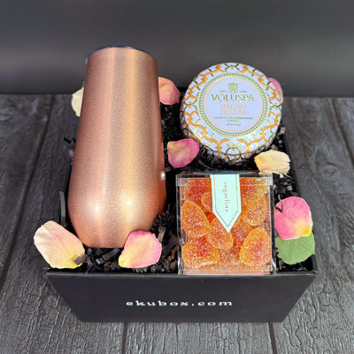 Bellini Gift Box with sugarfina bellini hearts, voluspa bellini candle and a thermal champagne flute | ekuBOX