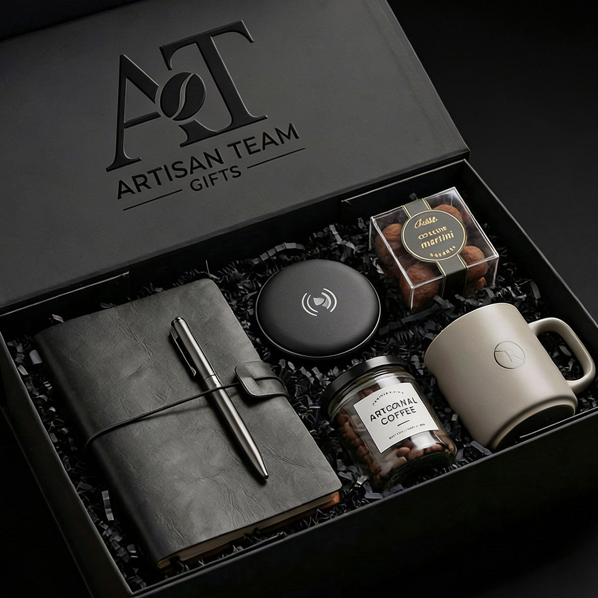 A luxury bespoke corporate gift box in matte black, representing the premium concierge gifting service.