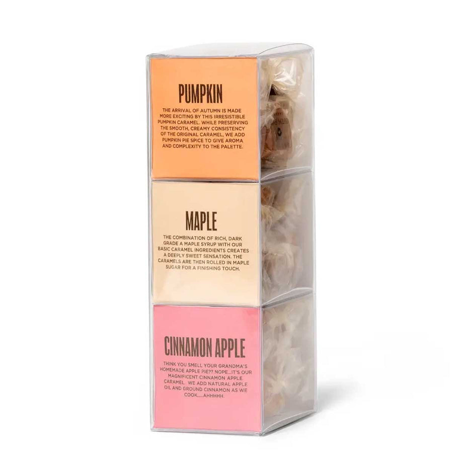 3 flavors of caramels: pumpkin, maple, and cinnamon apple