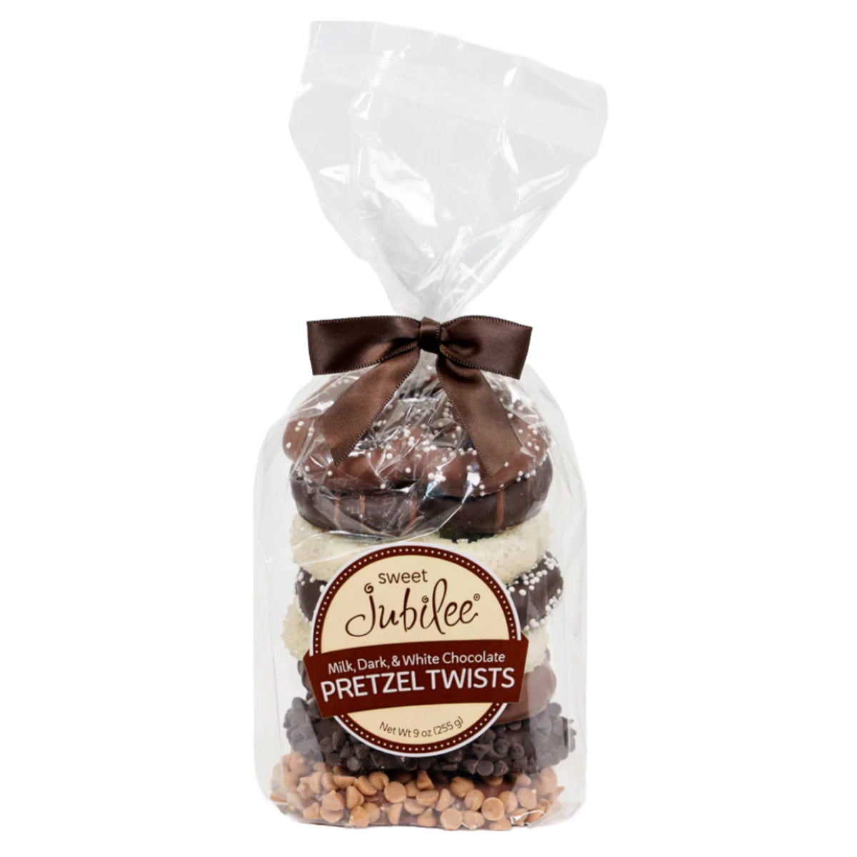 Bag of Sweet Jubilee pretzel twists with a brown ribbon on a white background