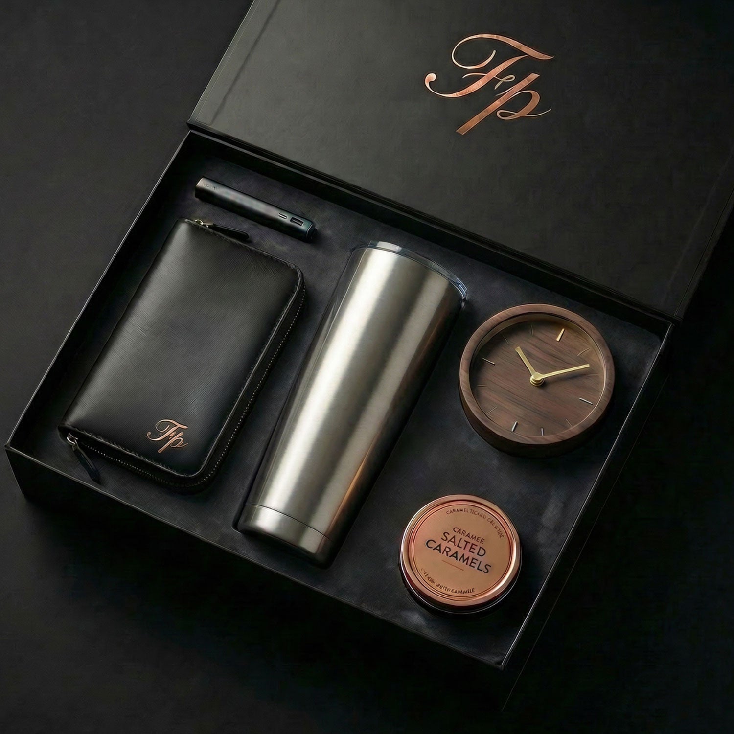 Branded Corporate Gift set in luxury gift box with leather pouch, clock, thermal container and caramels
