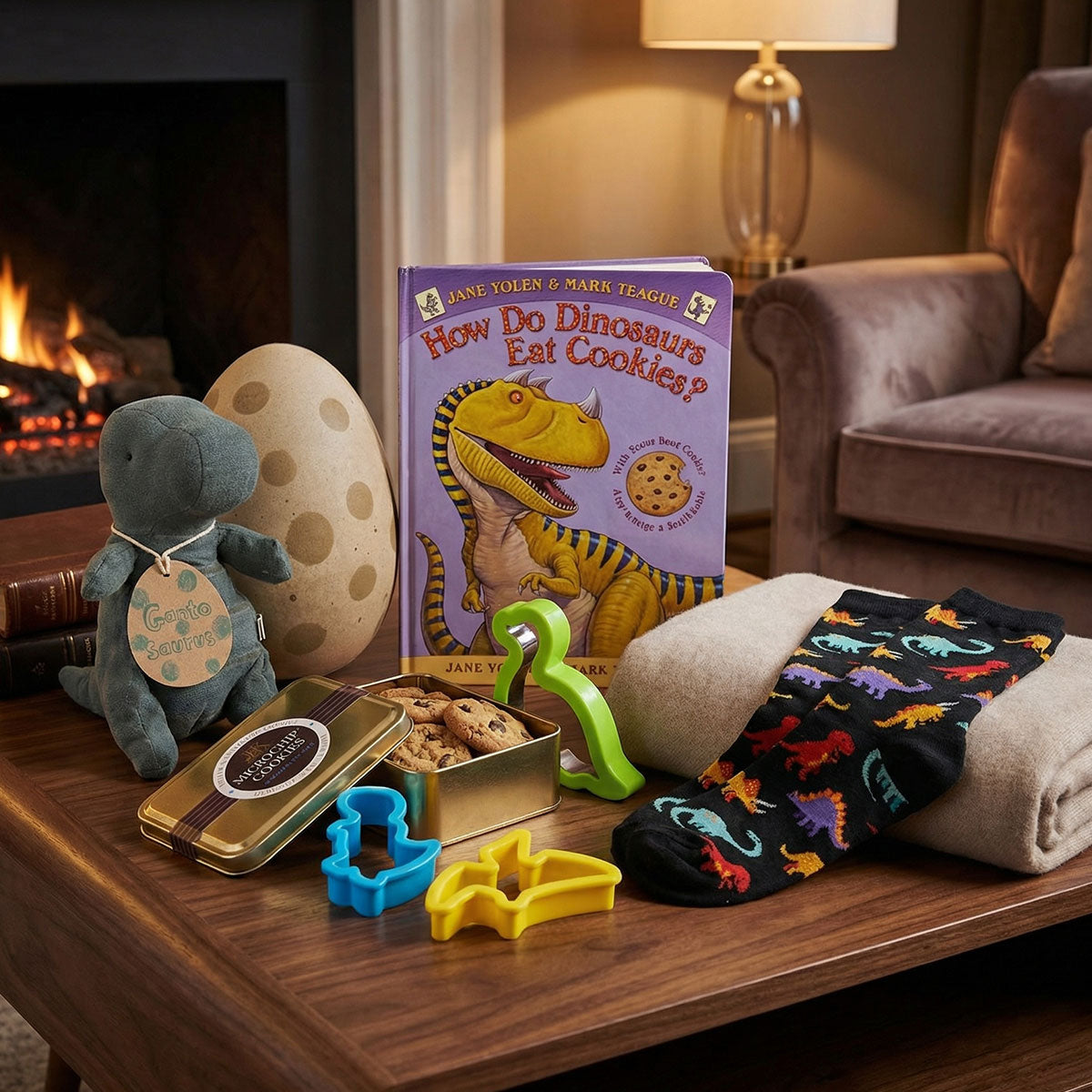 Children's book 'How Do Dinosaurs Eat Cookies?' with dinosaur-themed items on a table in a cozy living room.