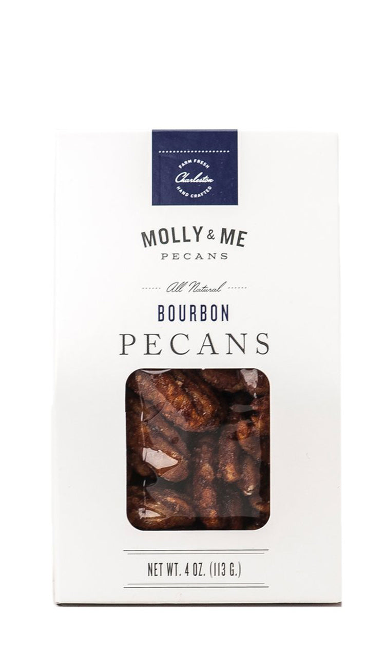  non-alcholic bourbon pecans in white packaging on a whtie background