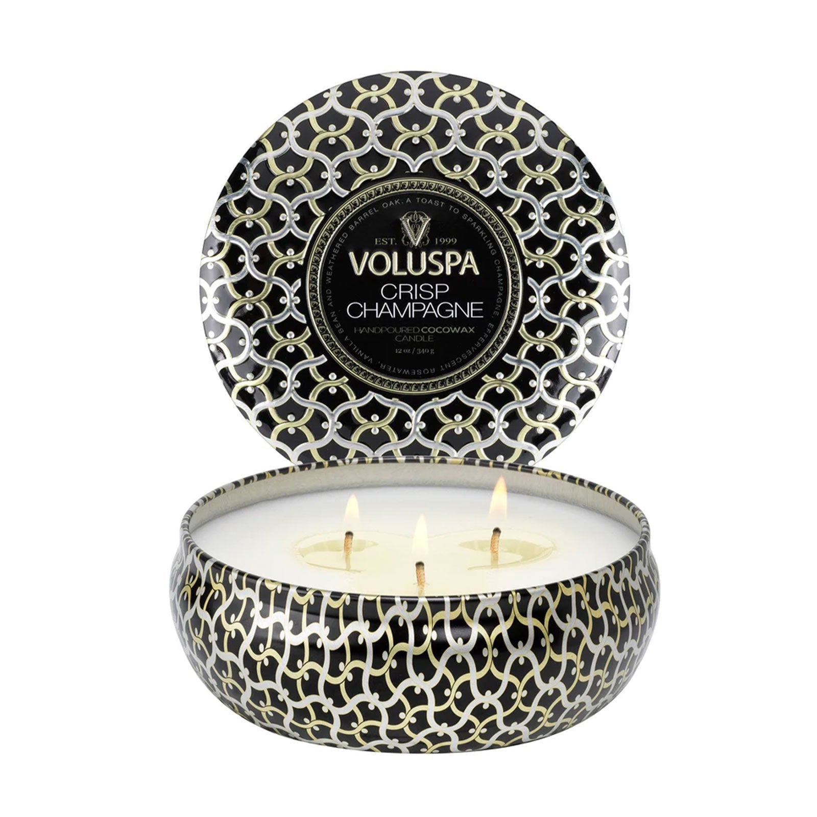large 3 wick tin of voluspa crisp champagne candle