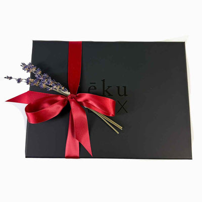 ekubox gift box with satin ribbon and a hand tied bouquet of lavender | ekubox