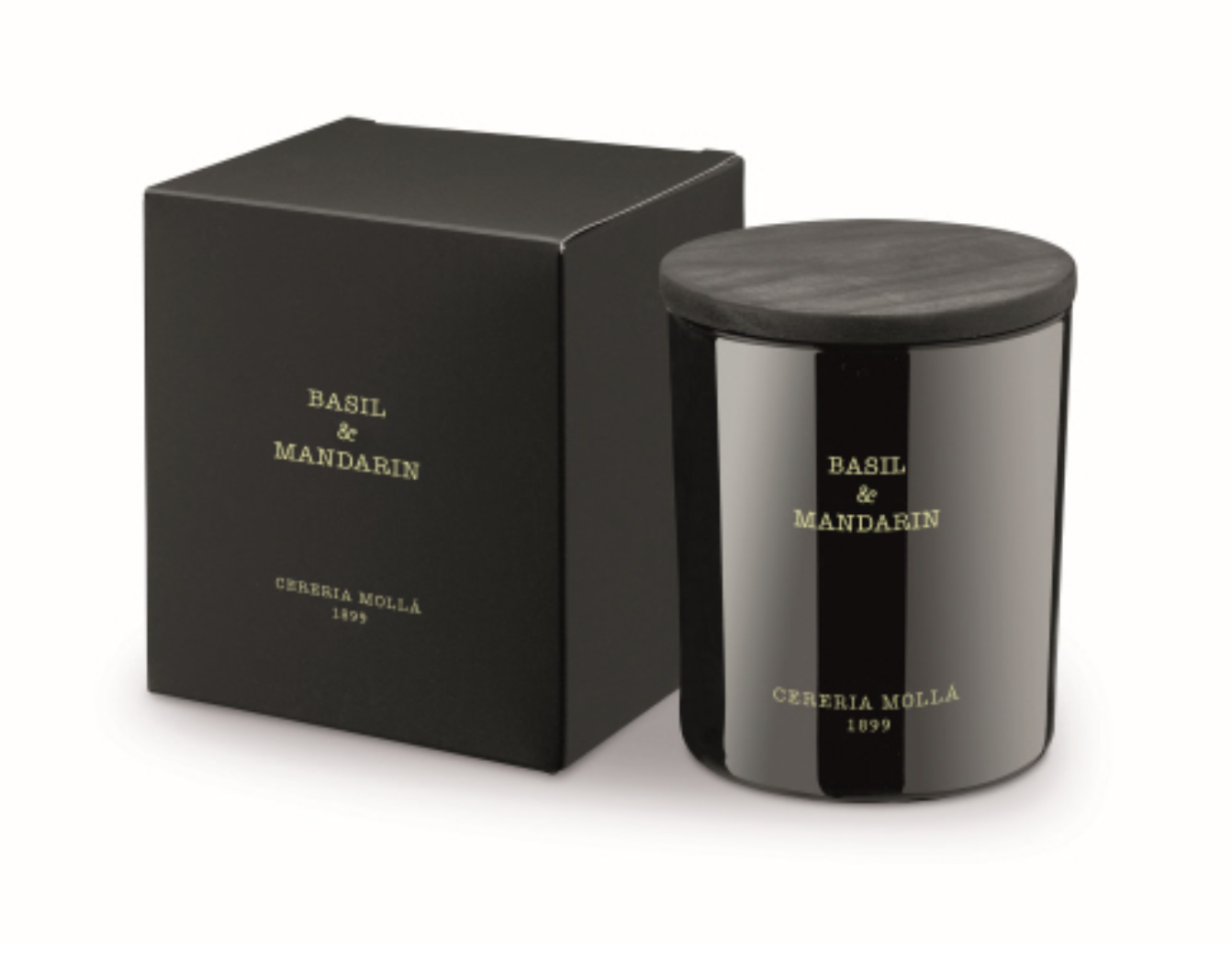 cereria molla basil mandarin candle with box and wooden top