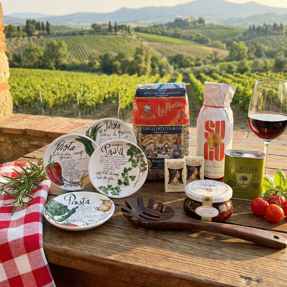Italian pasta gift set with Di Martino fusilli, tomato pesto, olive oil, wooden server, and dipping bowls.