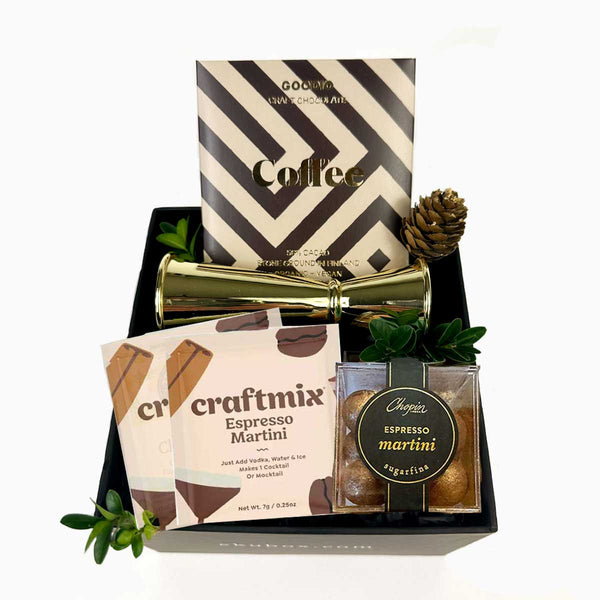 Espresso Martini Gift Box with Coffee CHOCOLATE from Finland, Espresso Martini mix (non alcoholic) just add the alcohol or make a mocktail, a gold jigger and Espresso Martini Sugarfina Truffles - ekuBOX