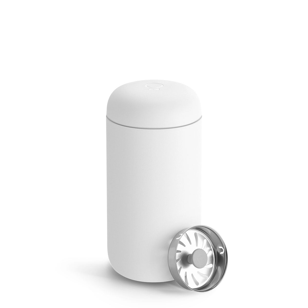 White cylindrical Fellows Carter Mug with a silver lid on a white background