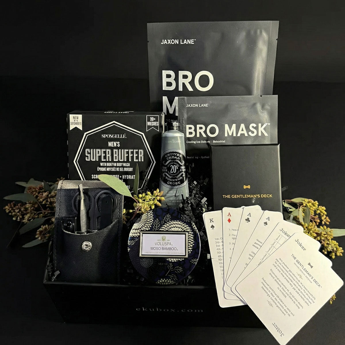 Men's grooming set - playing cards, lotion, candle, manicure set, buffer & masks in gift box.