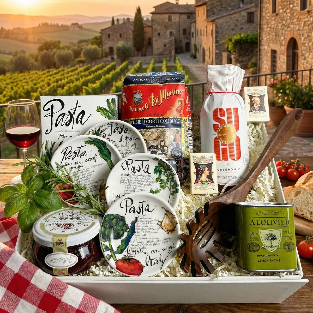 Trattoria Pasta Night Gift: pasta, tomato pesto, olive oil, wooden server, and dipping bowls tuscan background.