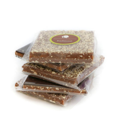 Packaged toffee bars with a visible brand label on a white background