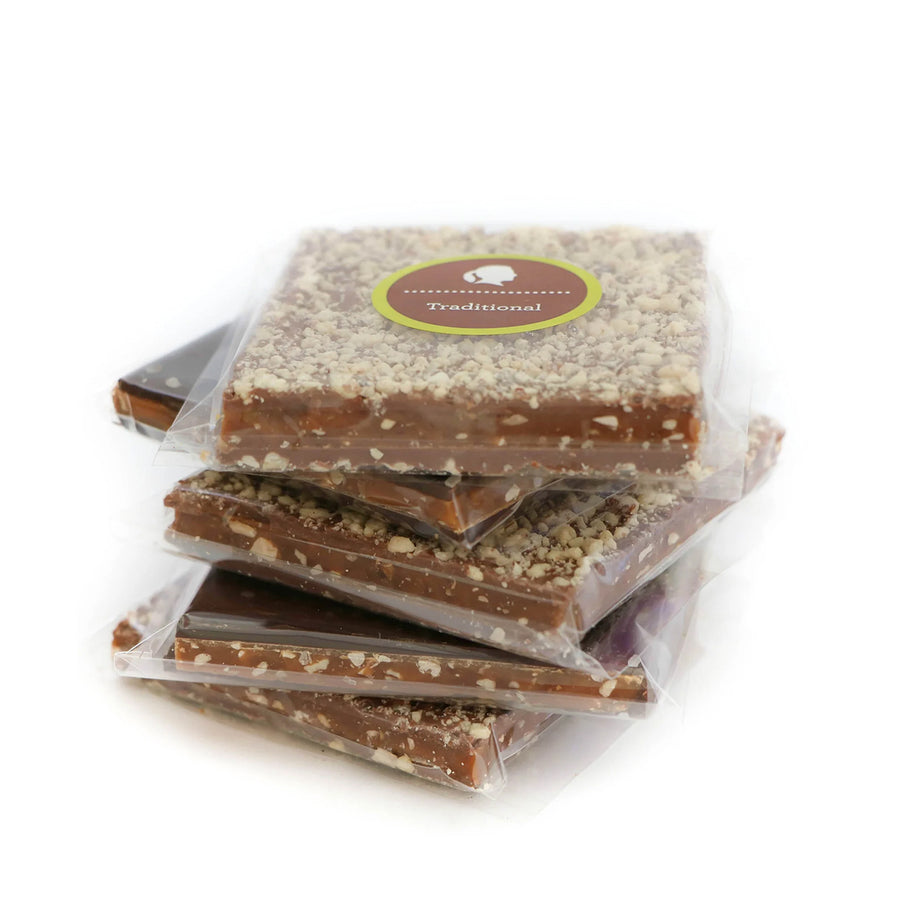 Packaged toffee bars with a visible brand label on a white background