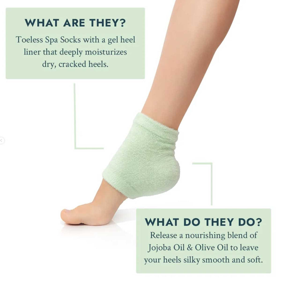 Toeless spa sock with a gel heel liner on a white background, featuring text about its benefits.