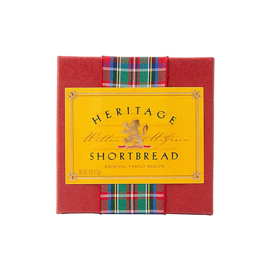 Heritage Shortbread packaging with red box and tartan ribbon on a white background