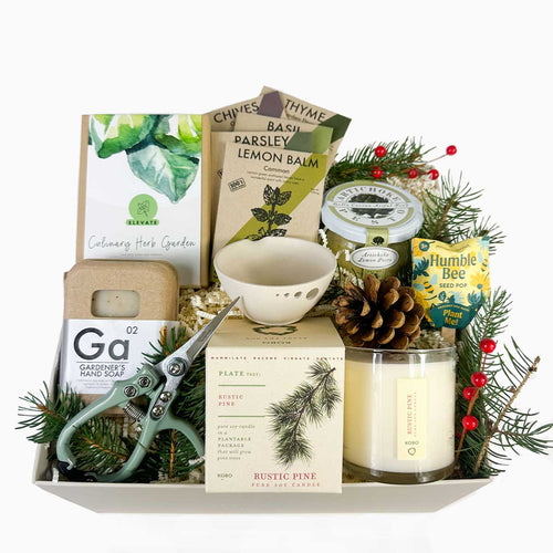 Garden Lover's Gift Box - Holiday version. Everything they need to grow an herb garden, tools and so much more. Even a tasty treat.