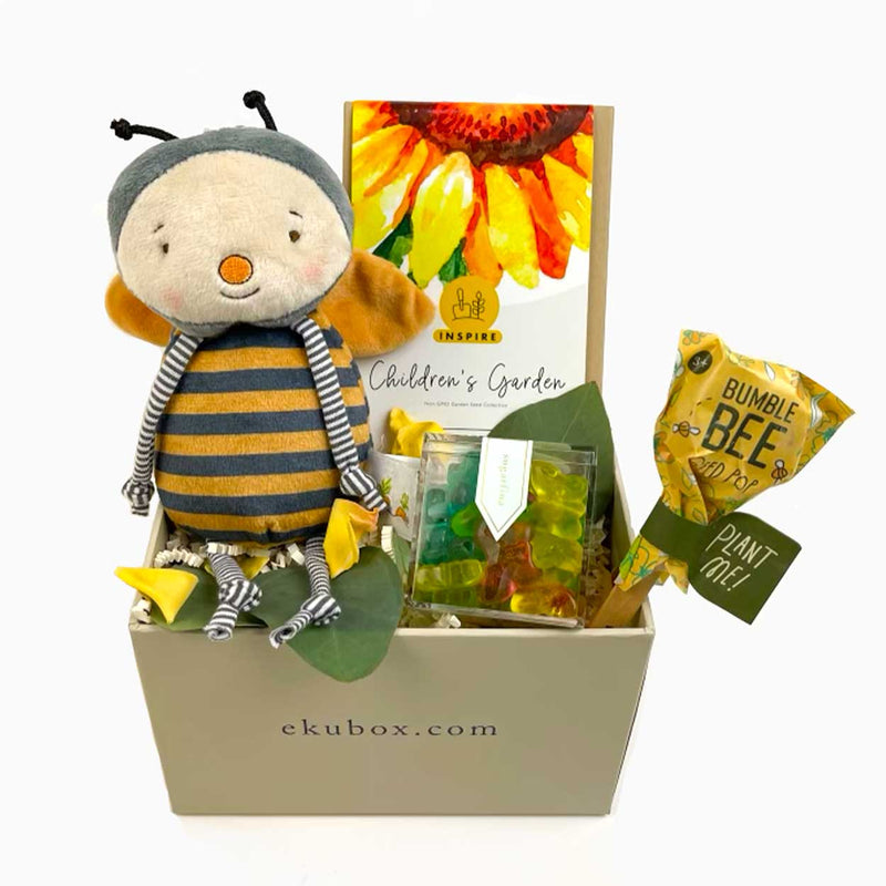 Looking for a fabulous gift for the little one  - our petite kids gardening 101 set is the perfect gift. This kids gift set has seeds for a Children's Garden, a bee pollinator lollipop, Sugarfina gummy butterflies and a Bunnies by the Bay Buzzy Be. 