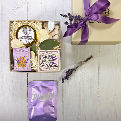 Lavender Min Spa gift box laydown - ekubox