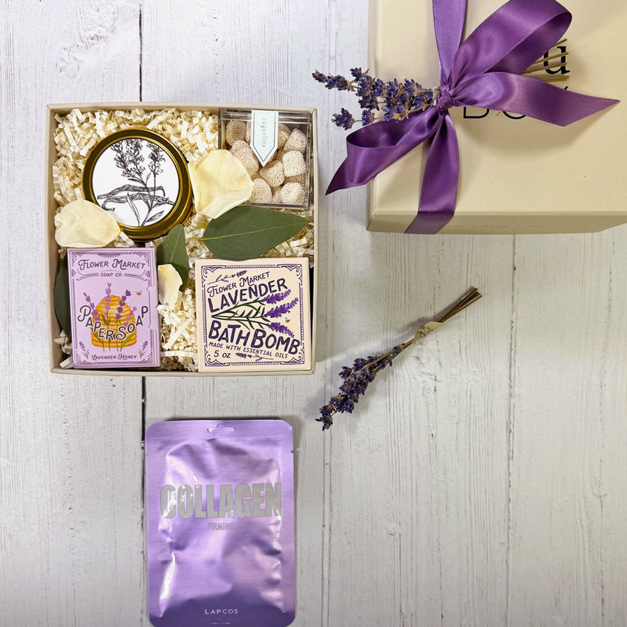 Lavender Min Spa gift box laydown - ekubox