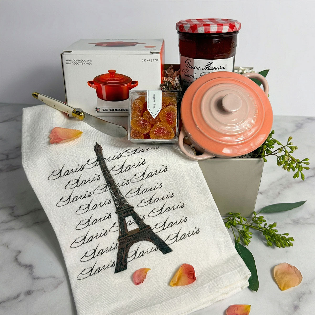 Le Creuset French Peach gift set - with peach jam, sugarfina peach bellini gummys, kitchen towel and flower petels