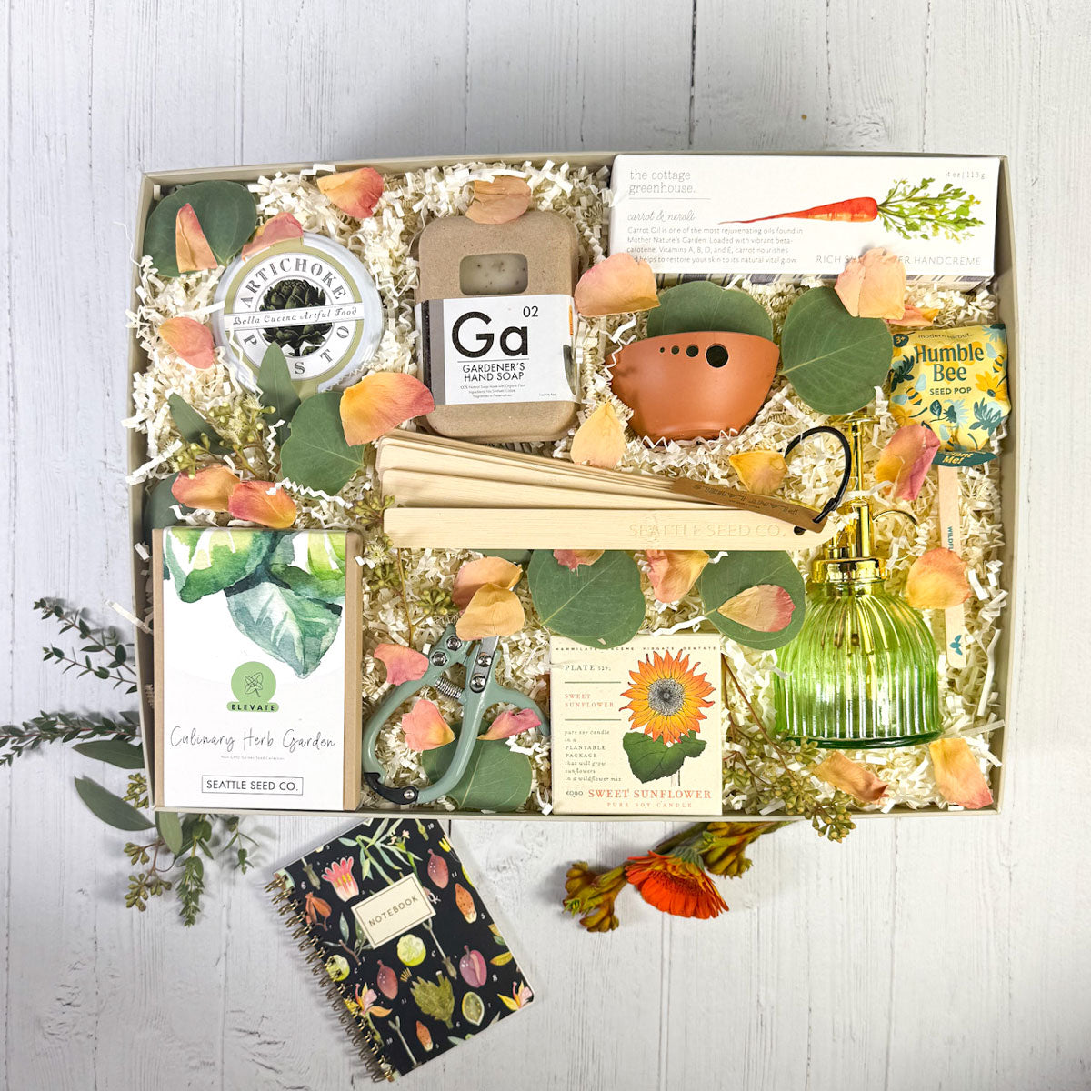 Large gardeners gift box with soap, seeds, sheers, candle, notebook, boxed handcream with rose petals