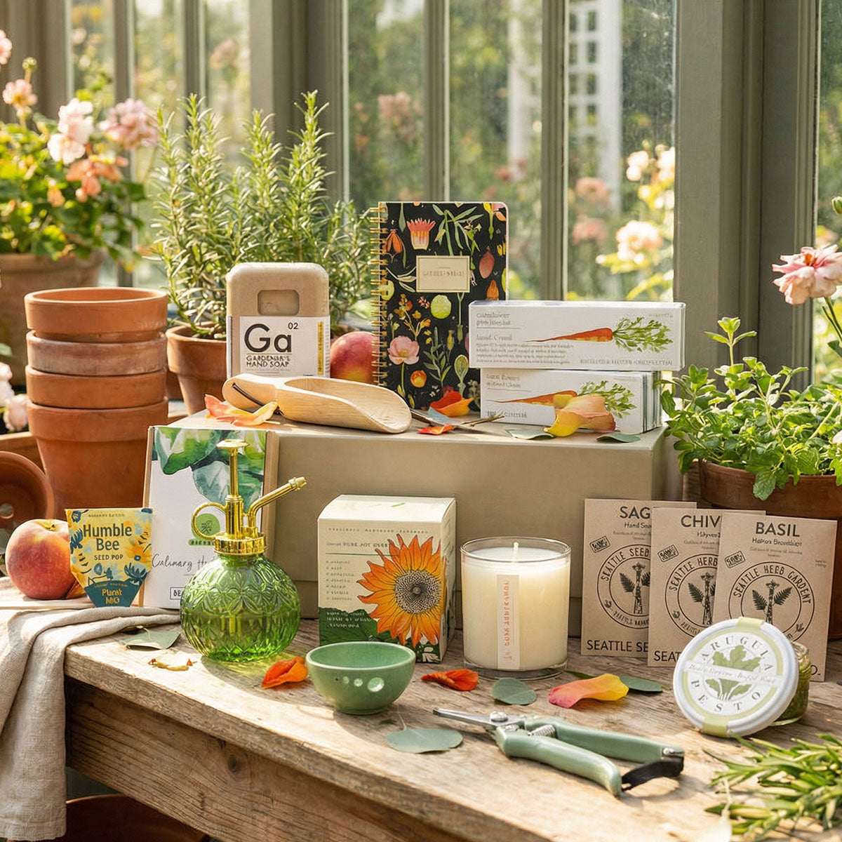 Gardening gift set items arranged on a wooden table with herbs in a garden room setting, including seeds, pesto, candle, seed pop, garden shears, and dried rose petals.