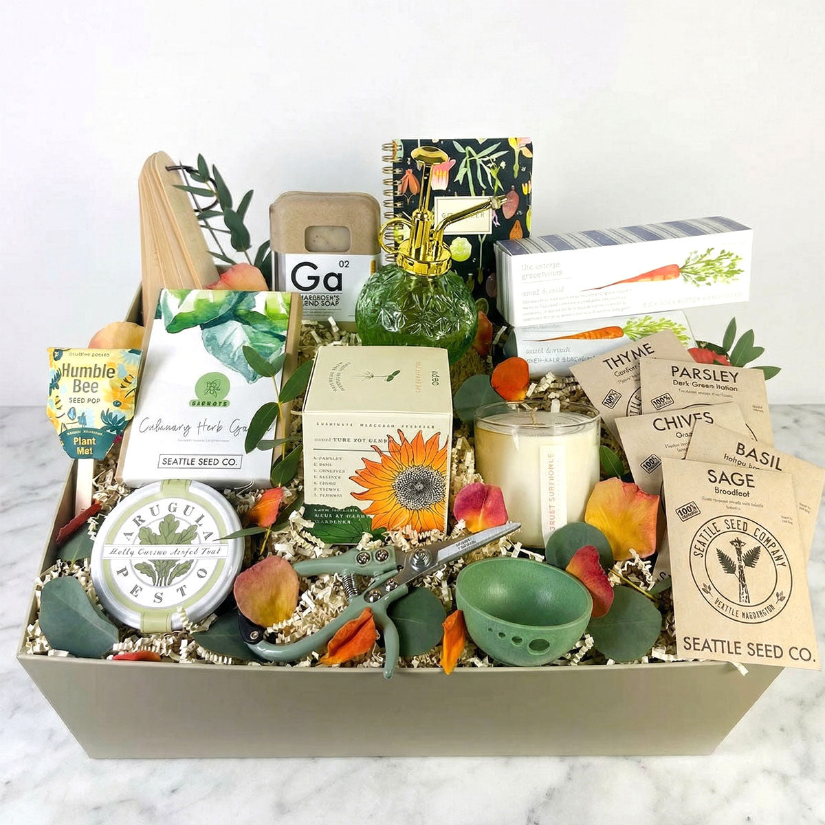 Large gardening gift set in a luxury ekuBOX with seeds, spritzer, pesto, candle, notebook, seed pop, garden shears, and dried rose petals
