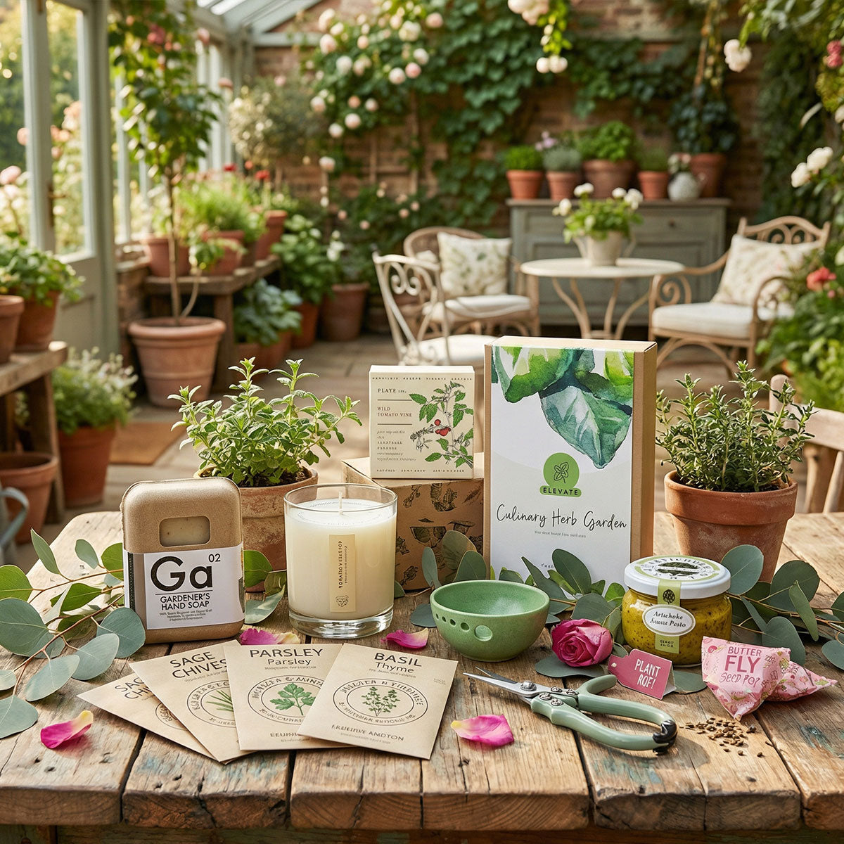 samall Gardening gift set items arranged on a wooden table with herbs in a garden room setting, including seeds, pesto, candle, seed pop, garden shears, and dried rose petals.