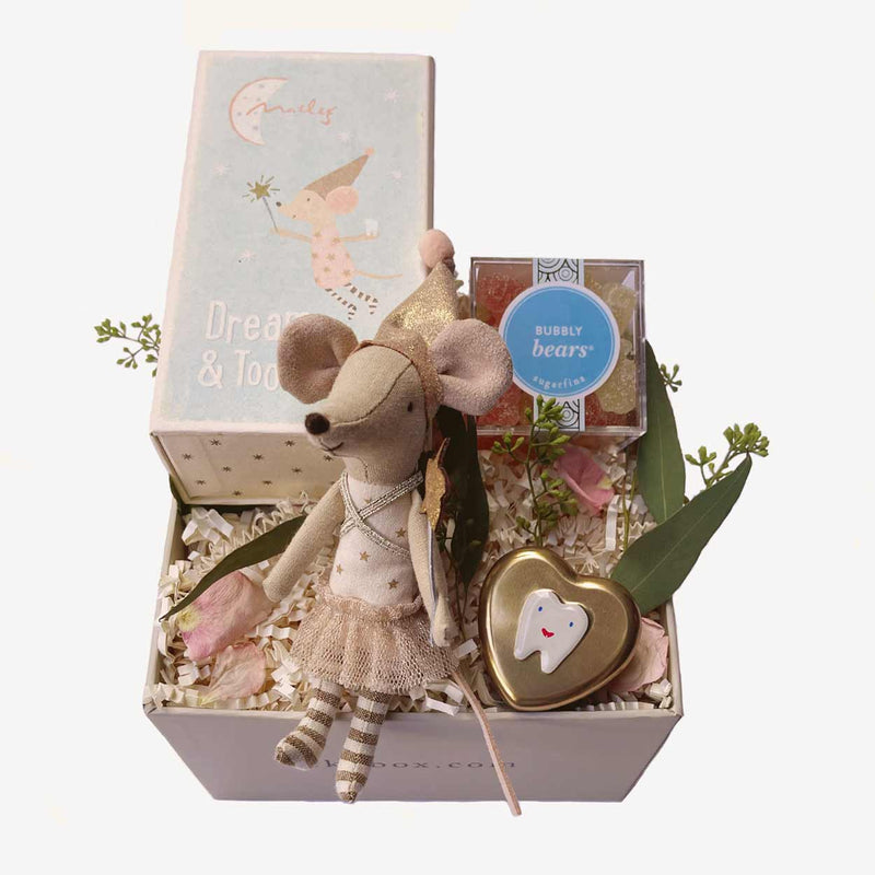 Maileg Toothfairy Mouse gift box. Send a special toothfairy big sister mouse to the little one who is loosing their teeth. Maileg mouse collection.