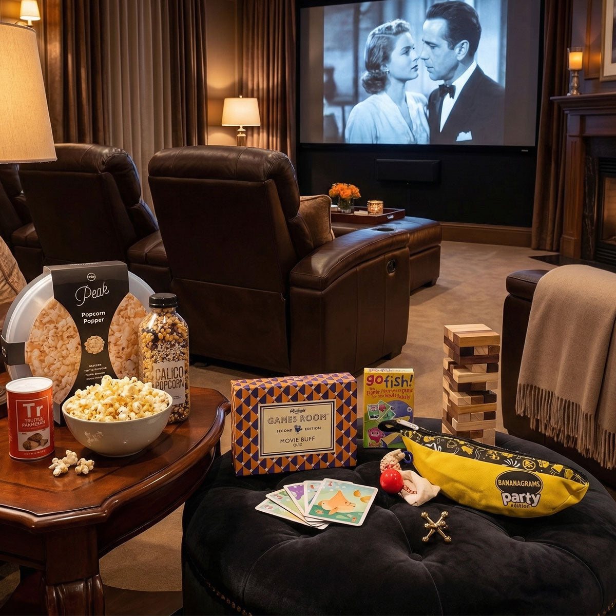 Home theater setup with recliner chairs, popcorn, snacks, and a movie playing on a screen.