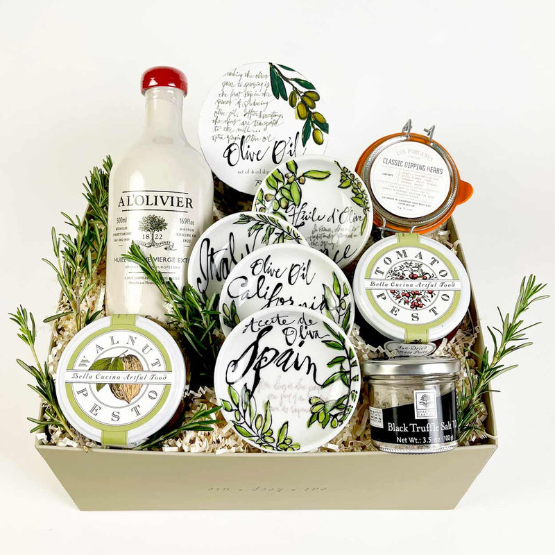 Our Grande Olive Oil Dipping Set will please even the most discerning foodie. Shop gourmet food gifts for family, friends, colleagues and clients. Send gourmet gifts for condolences, birthdays, congratulations and closing gifts.