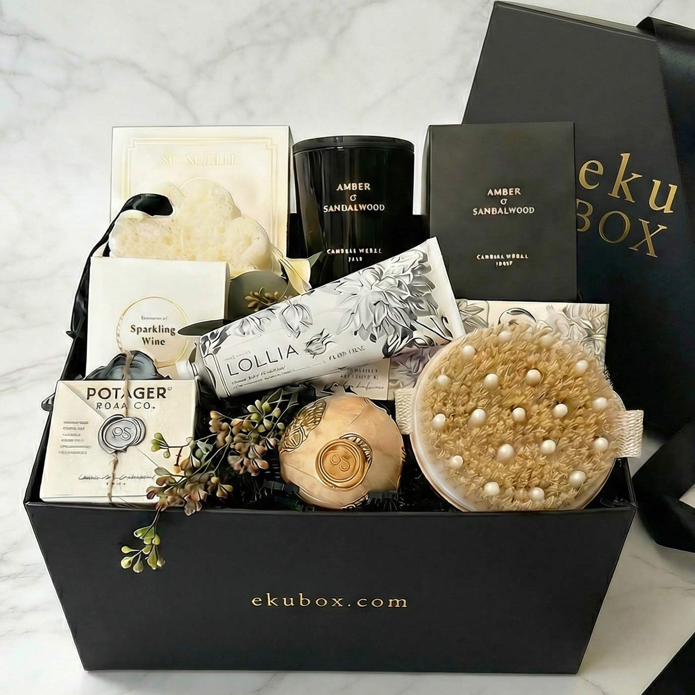 Pampered spa gift box with candle, lotion and soaps, from our luxury ready-to-ship gift box collection,