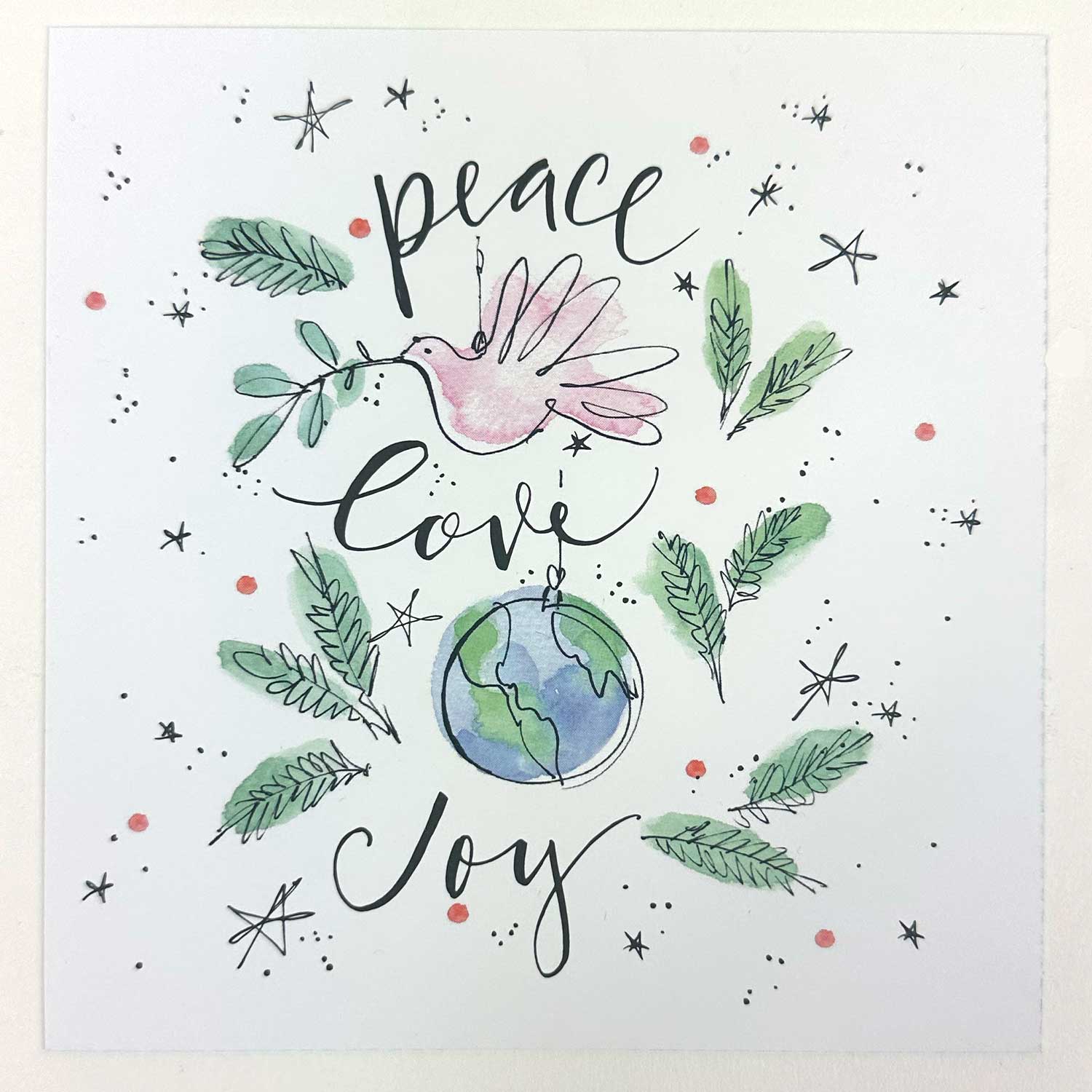 peach love oy gift card with a globe and dove in pink and blue and green with greens and stars gift card choice