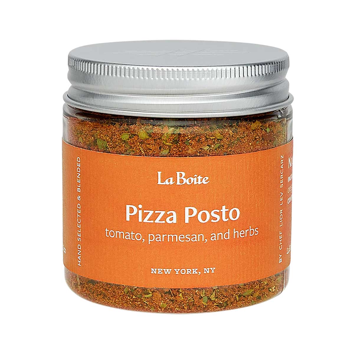 Jar of 'Pizza Posto' seasoning blend by La Boite on a white background