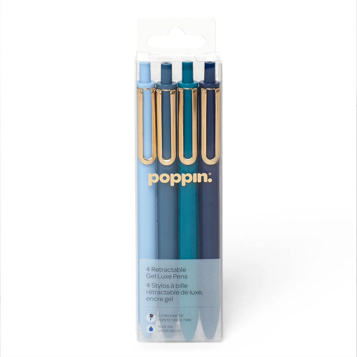 Pack of four Poppin pens with gold accents in a clear packaging on a white background