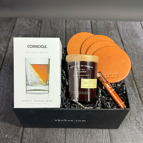 refined tastes with corkcicle whiskey wedge glass along with leather coasters and more | ekuBOX