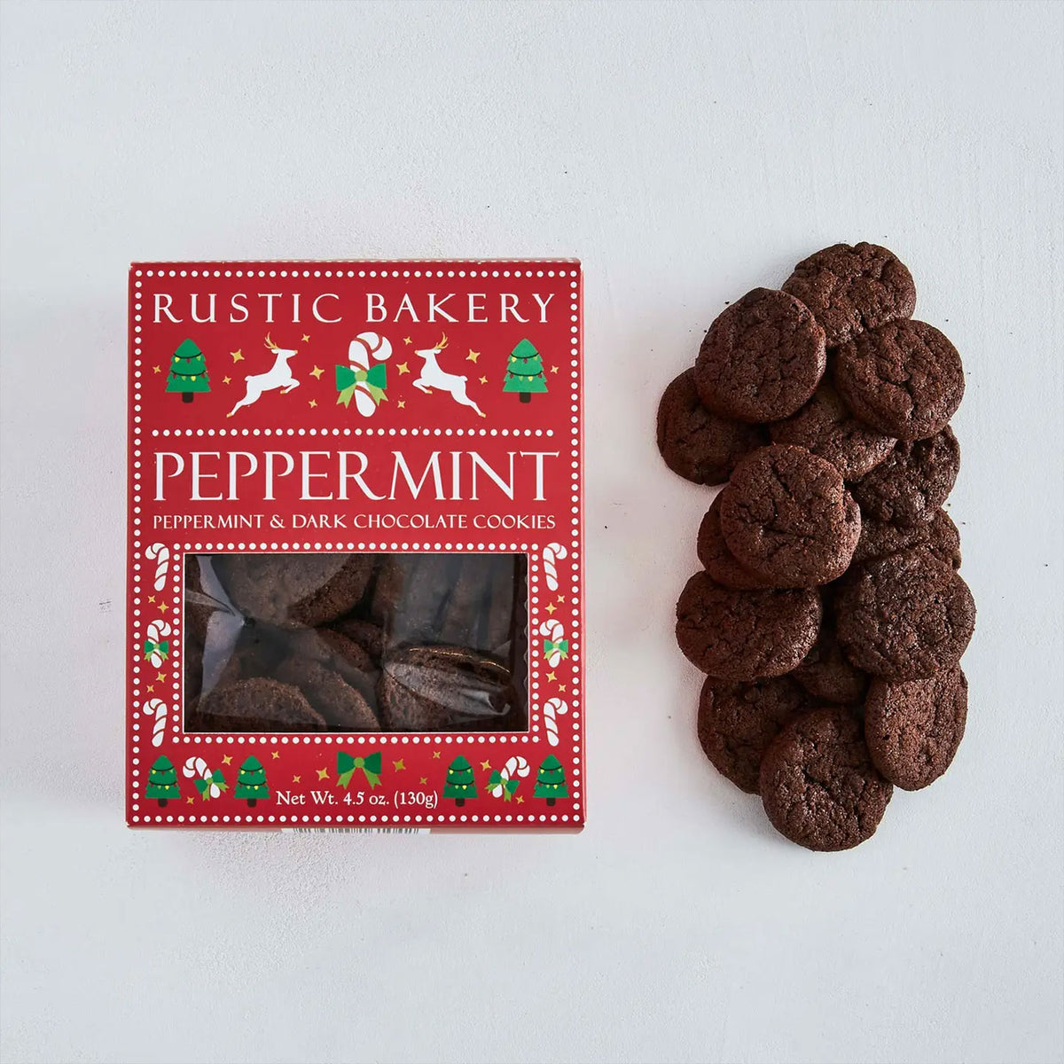 Box of Rustic Bakery peppermint dark chocolate cookies on a white background