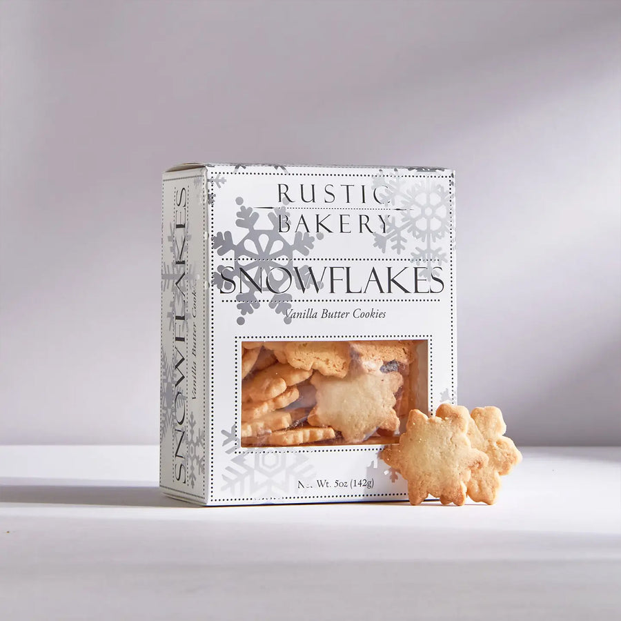 Box of Rustic Bakery Snowflakes Vanilla Butter Cookies on a light gray background