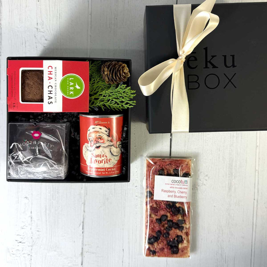 Gift items including a box of &