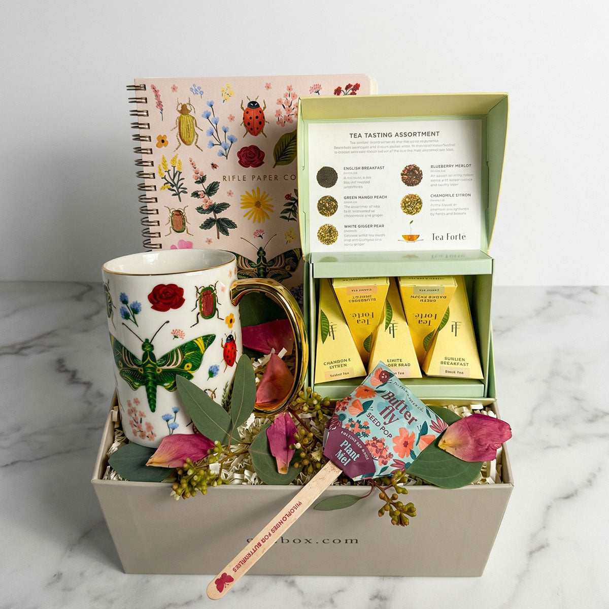 Secret Garden Tea Time with Rifle Paper Co Mug and Notebook with dried rose petals