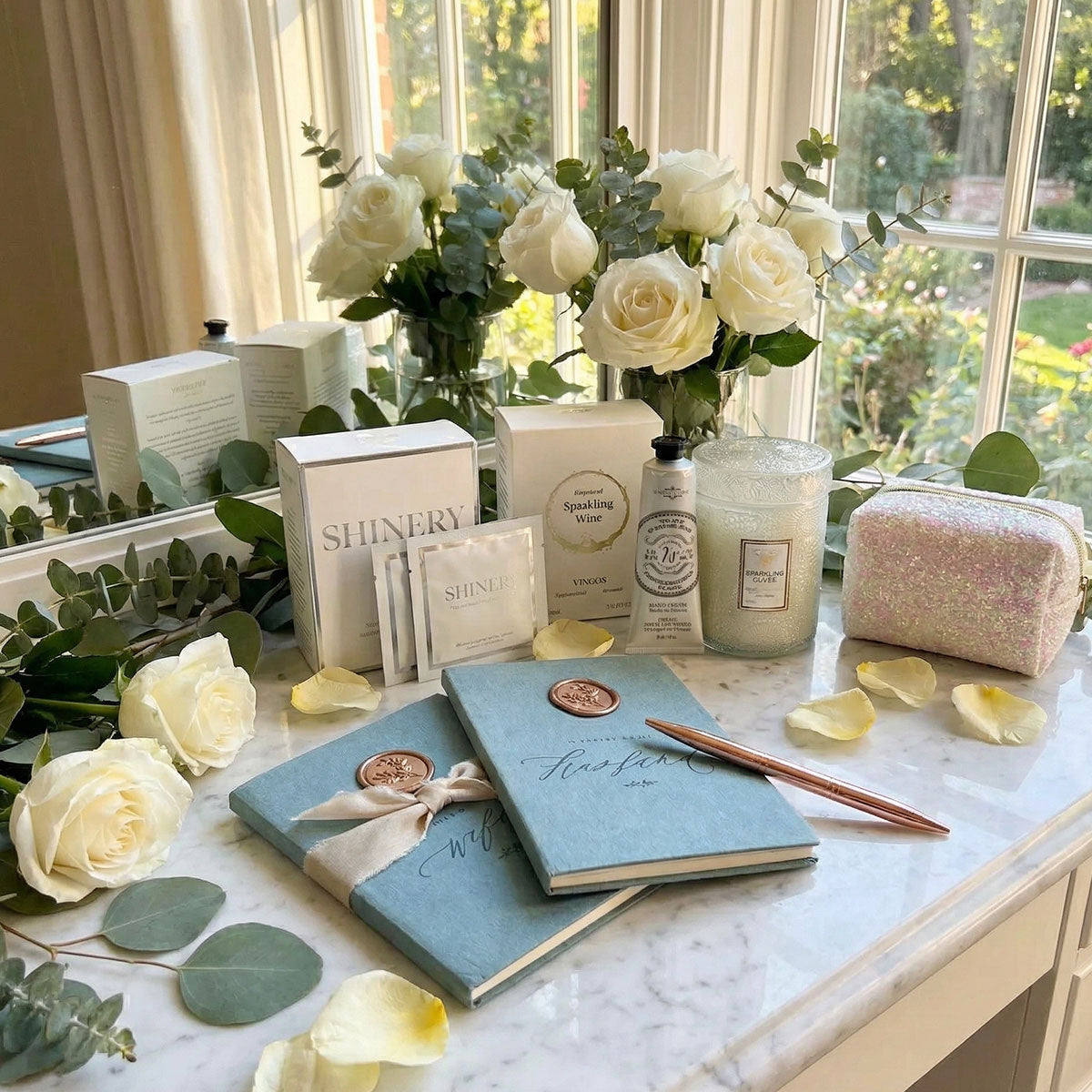 counter top with vow booklets, candle, wipes box of gummies. pen and little pouch on marble with roses