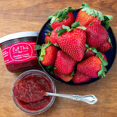 Strawberry Lemon & Lavender Preserves - all natural jam by Eat This Yum - large jar shown - box includes small 2.5 oz jar