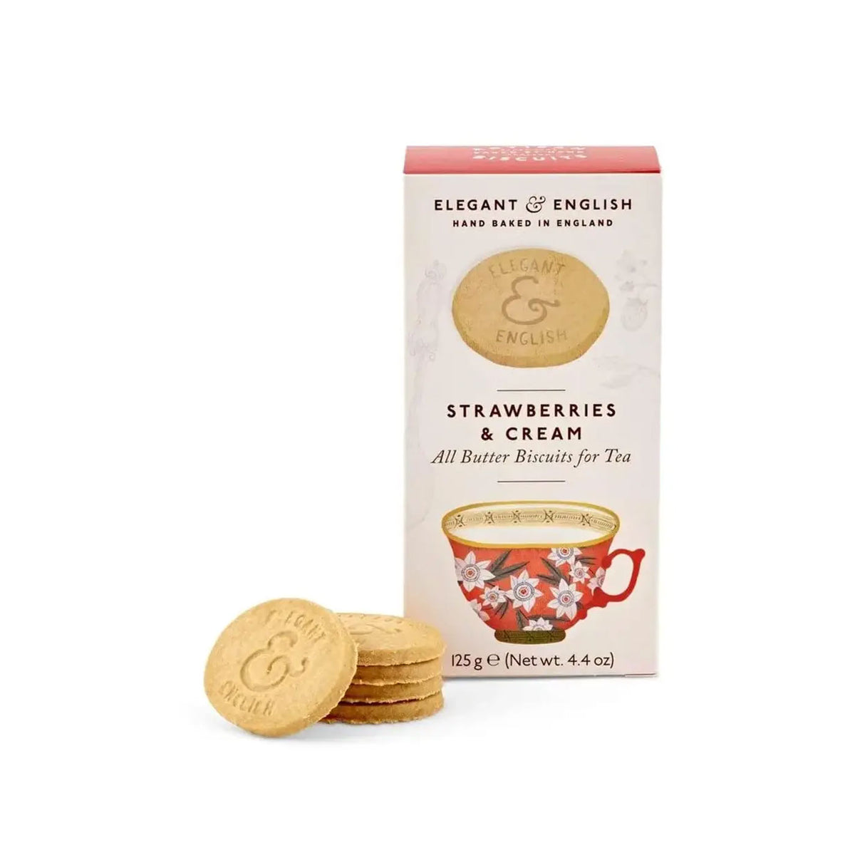 a box of English strawberries and cream butter shortbread biscuits with biscuits on the side