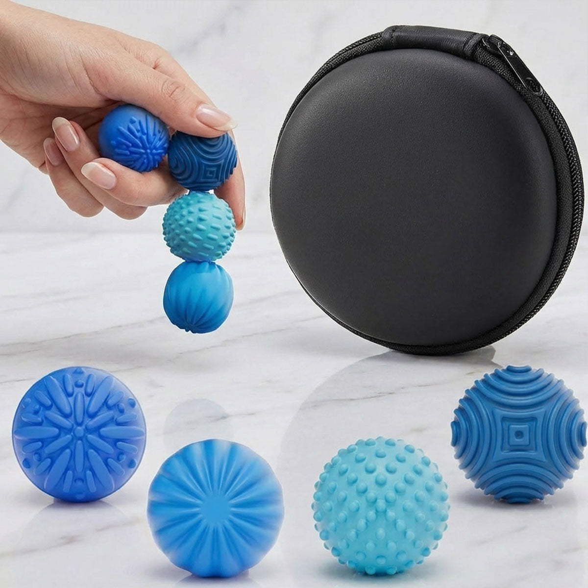 Blue silicone stress balls with a black carrying case on a light gray background