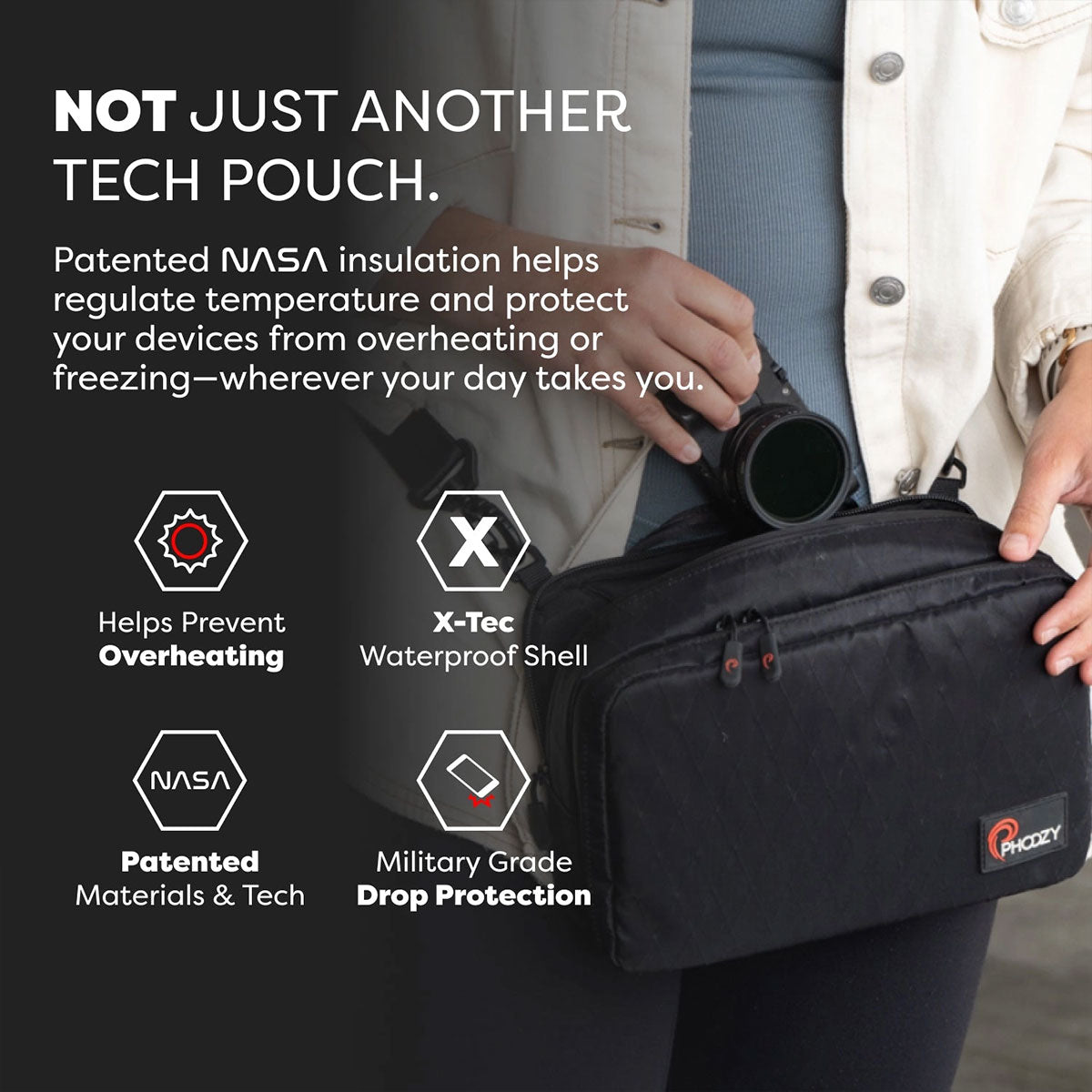 Person holding the black tech pouch with NASA insulation features highlighted.
