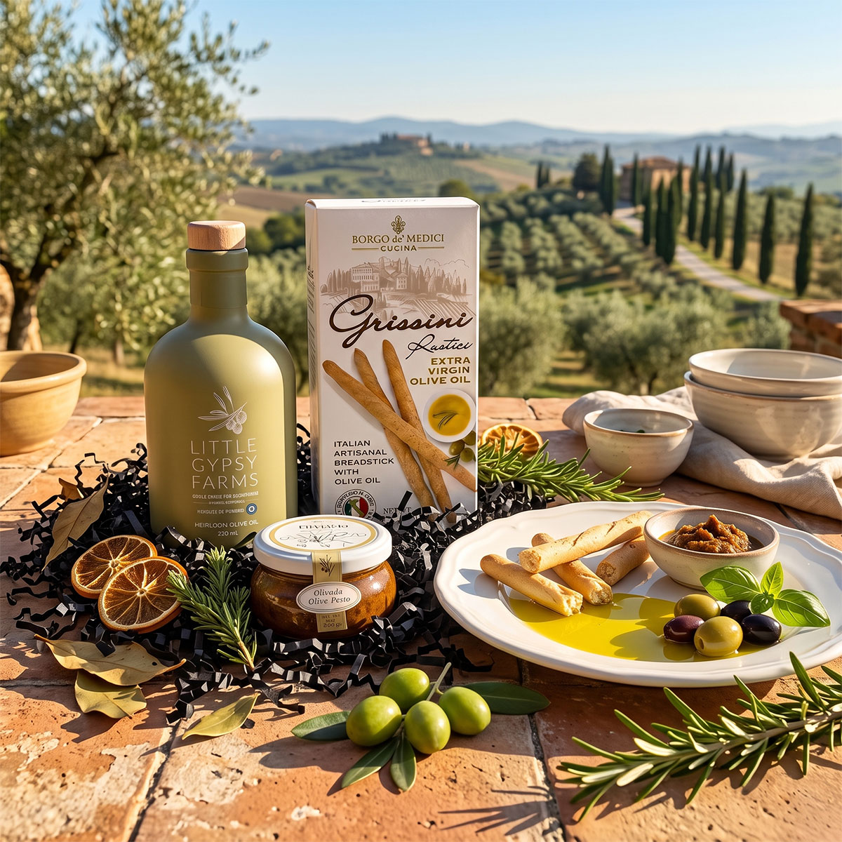 a tuscan setting on a wood table - bottle of olive oil, box of breadsticks, jar of olive pesto with a plate with olive oil, breadsticks, olives and olive pesto.